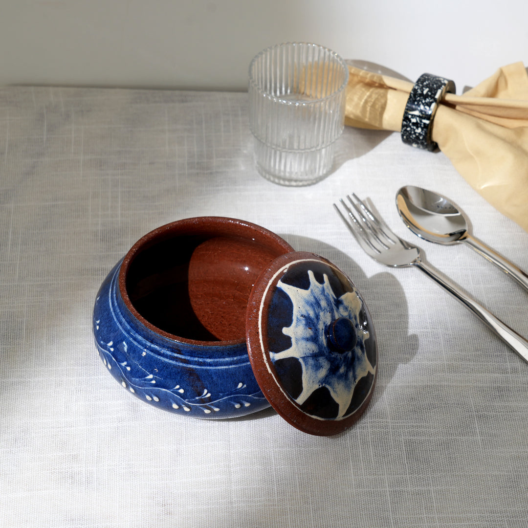 Handmade Terracotta Handi | White & Blue Slip with Transparent Glaze | Traditional Clay Pot with Artistic Detailing