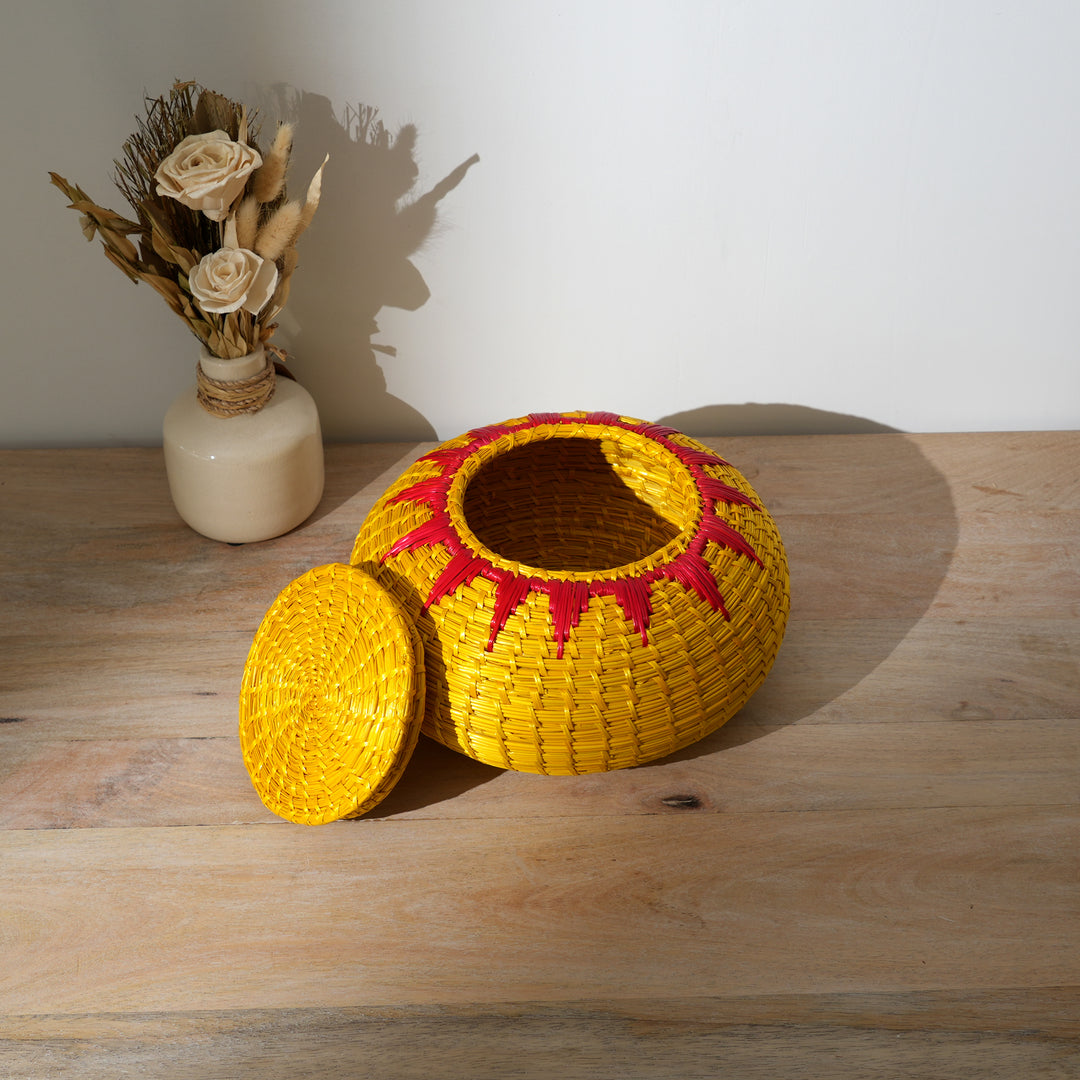 Handcrafted Sikki Grass Box | Golden Yellow with Red Flame Design