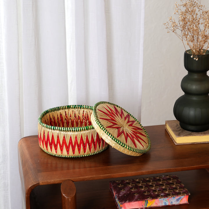 Handcrafted Sikki Grass Bread Box | Natural Red Green 8"
