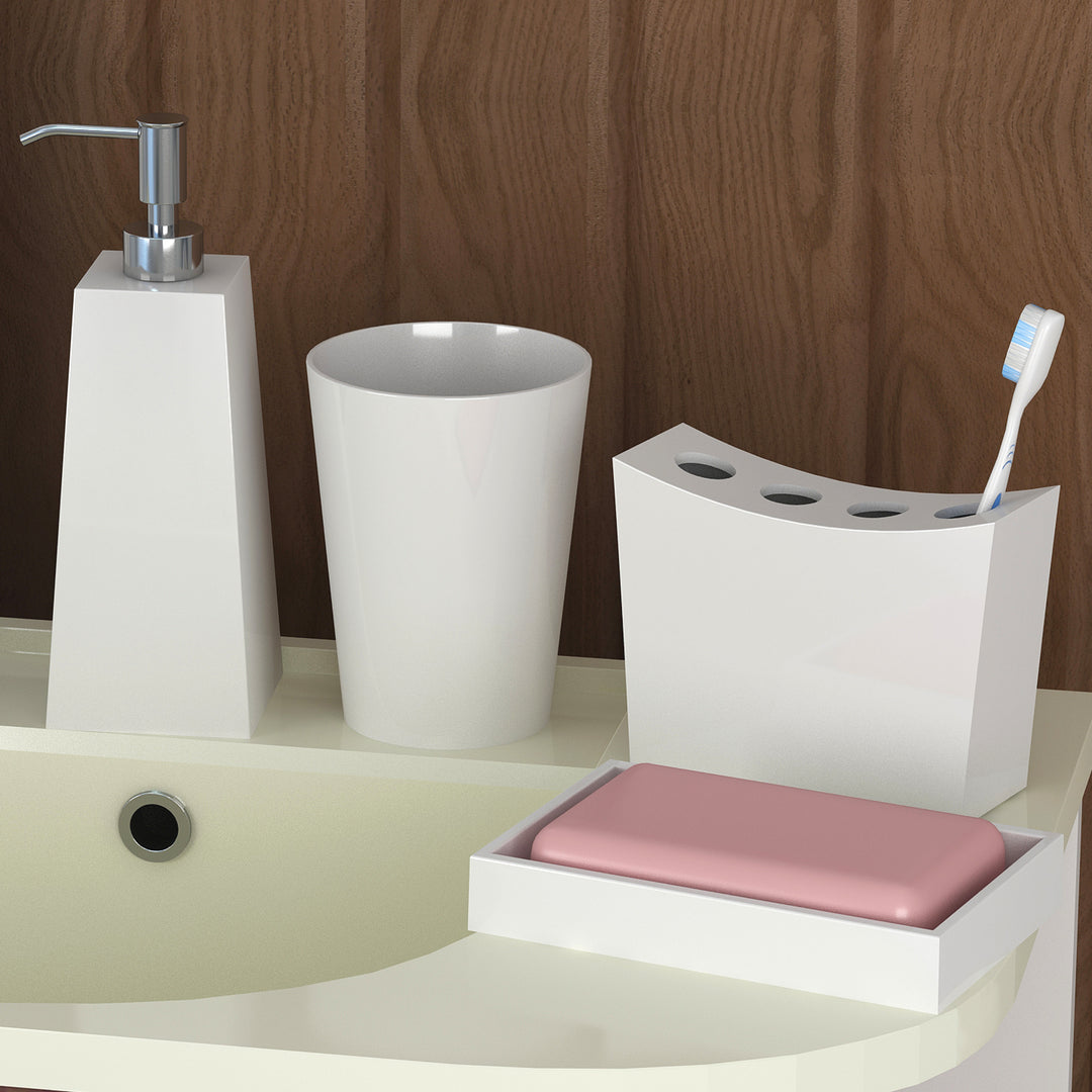 Resin Bath Accessory Set for Vanity Countertops, Soap Dish, Toothbrush Holder, Tumbler & Lotion Pump | White