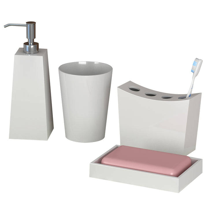 Resin Bath Accessory Set for Vanity Countertops, Soap Dish, Toothbrush Holder, Tumbler & Lotion Pump | White