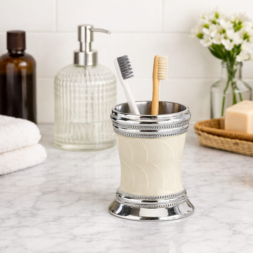 Stainless Steel Bathroom Tumbler Cup | Decorative Rinse Cup,Drinking Glass,Toothbrush & Makeup Brush Holder for Vanity Countertops,Sink & Desk | Mop
