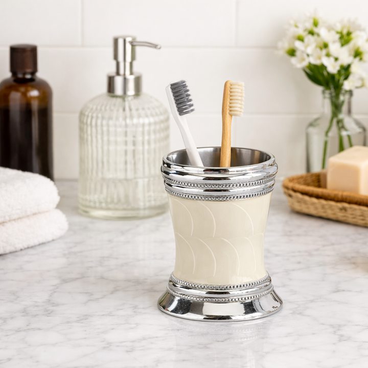 Stainless Steel Bathroom Tumbler Cup | Decorative Rinse Cup,Drinking Glass,Toothbrush & Makeup Brush Holder for Vanity Countertops,Sink & Desk | Mop