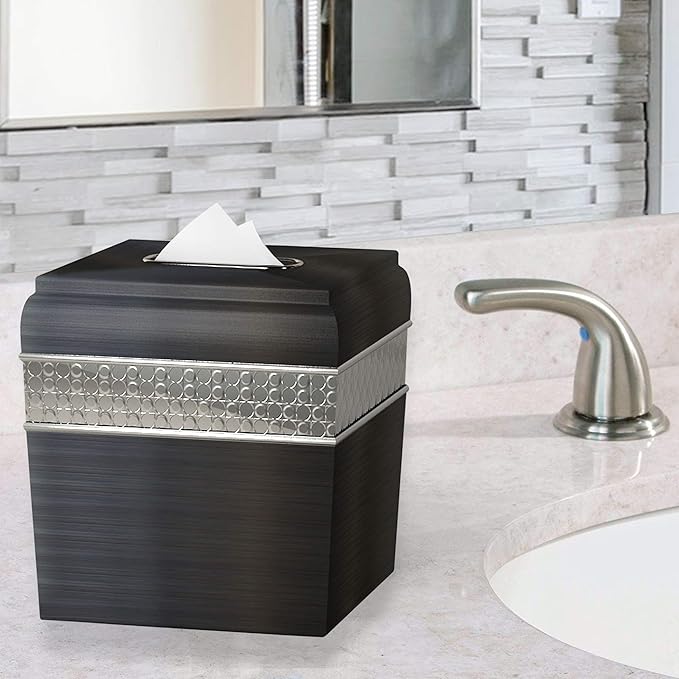 Stainless Steel Square Facial Tissue Box Cover Holder for Bathroom Vanity Countertops, Bedroom Dressers, Night Stands, Desks and Tables | Bronze Finish