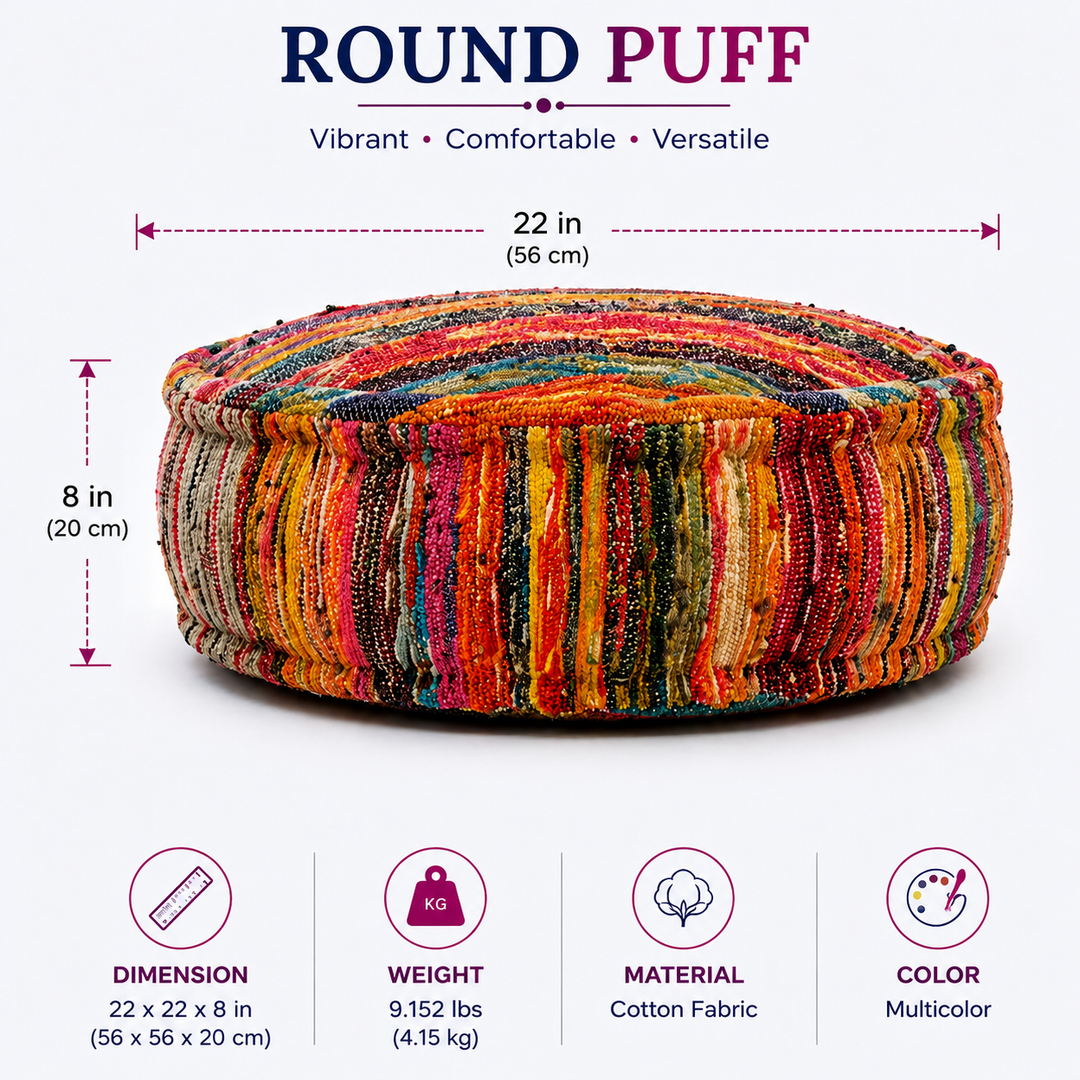 Round Pouf Ottoman | Handmade Floor Cushion Puff Seat, 22x8"