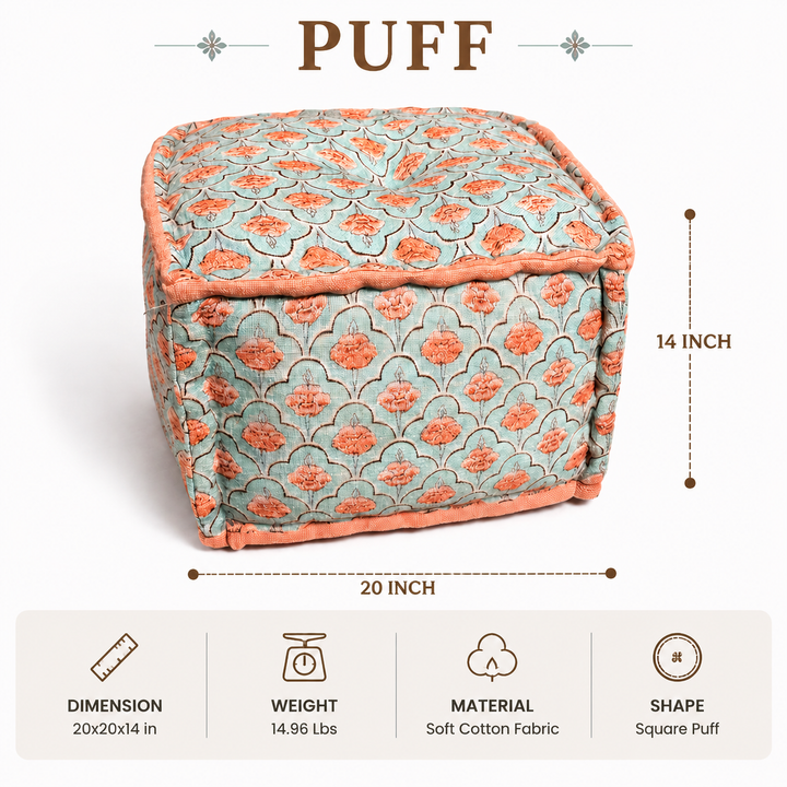 Floral Print Cube Ottoman, 20x20x14 Inch Handmade Floor Pouf