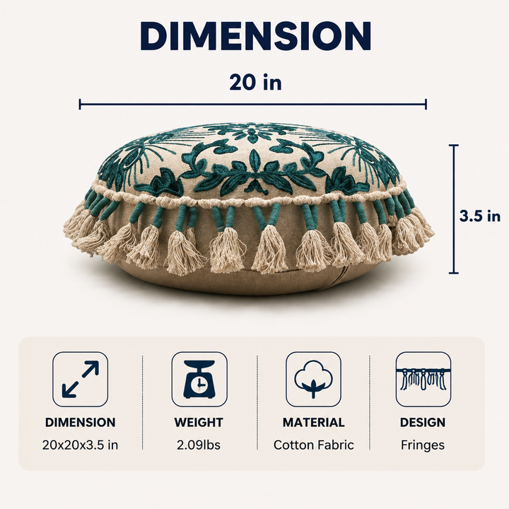 Embroidered Floor Pillow with Tassels & Filler, 20x20x3.5"