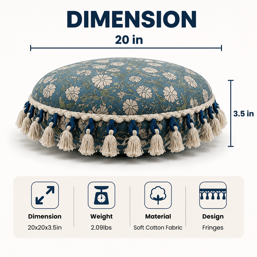 Printed Round Floor Pillow with Tassels, 20x20x3.5"