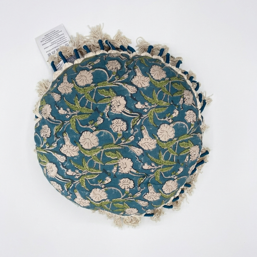 Printed Round Floor Pillow with Tassels, 20x20x3.5"