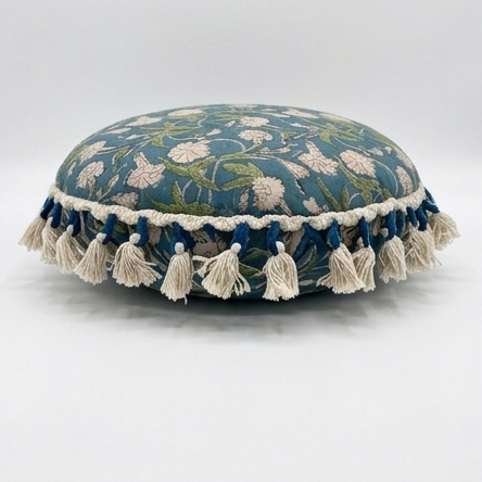 Printed Round Floor Pillow with Tassels, 20x20x3.5"