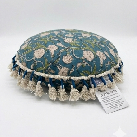 Printed Round Floor Pillow with Tassels, 20x20x3.5"