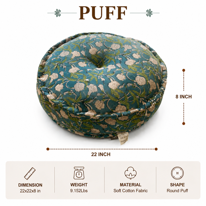 Printed Floral Pouf Ottoman, 22x22x8" Round Floor Cushion