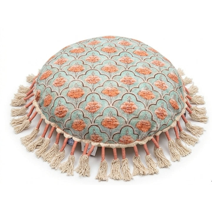 Printed Round Floor Pillow with Tassels, 20x20x3.5"