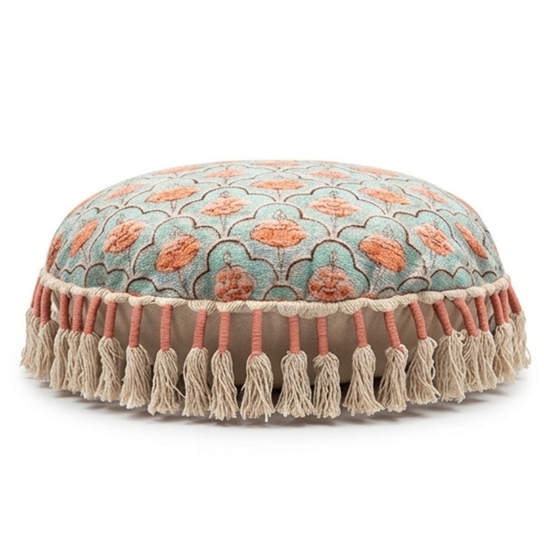 Printed Round Floor Pillow with Tassels, 20x20x3.5"
