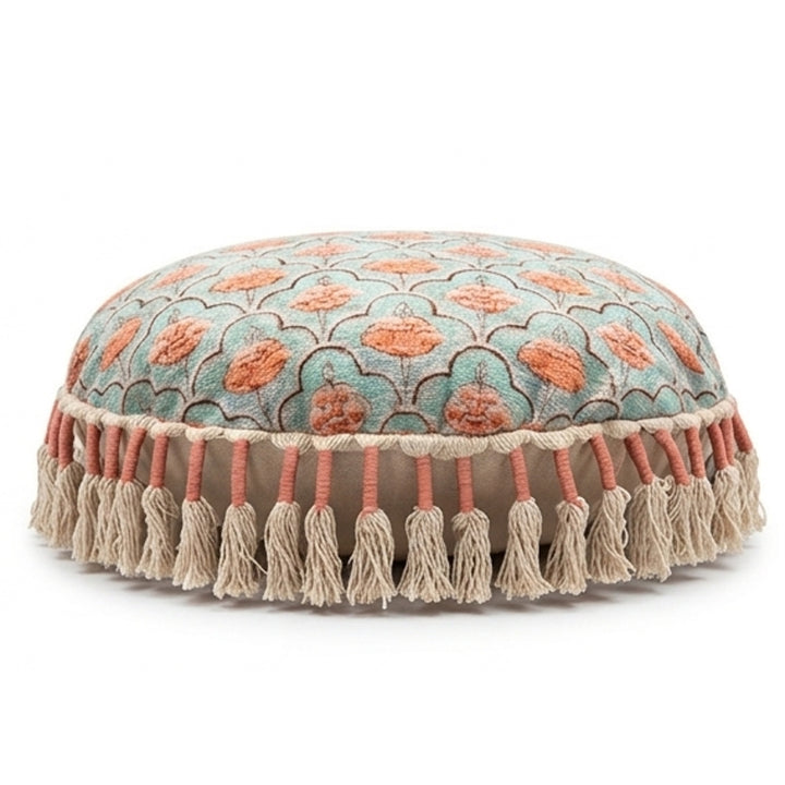 Printed Round Floor Pillow with Tassels, 20x20x3.5"