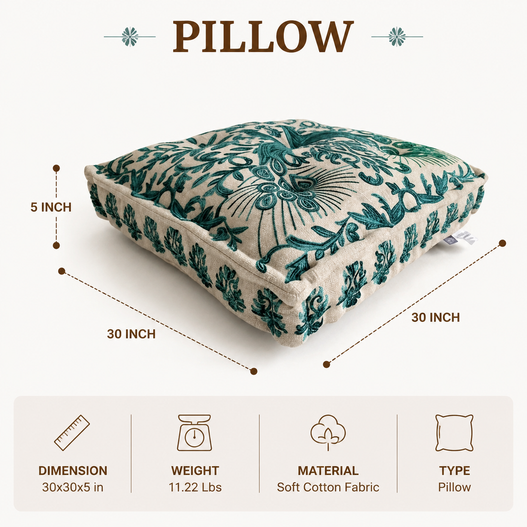 Embroidered Square Floor Pillow 30x30x5", Seating Cushion