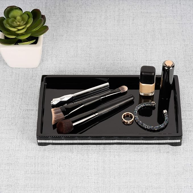 Black Storage Organizer Tray for Bathroom Vanity Countertops,Closets,Dressers-Holder for Watches, Earrings,Makeup Brushes,Perfume,Guest Hand Towels | Resin