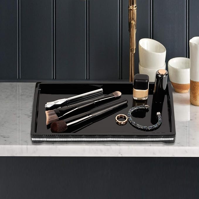 Black Storage Organizer Tray for Bathroom Vanity Countertops,Closets,Dressers-Holder for Watches, Earrings,Makeup Brushes,Perfume,Guest Hand Towels | Resin