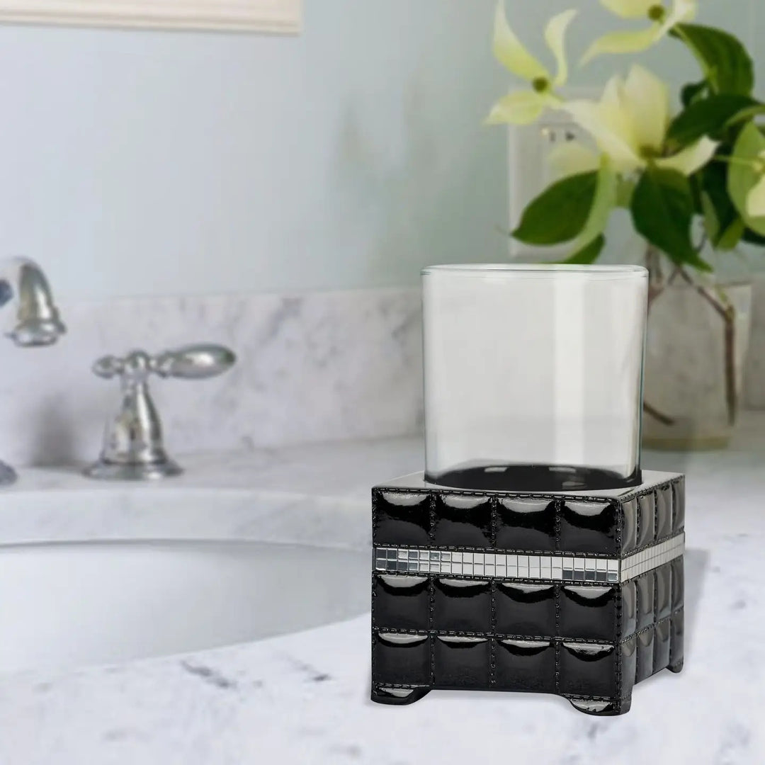Resin Bathroom Tumbler Cup | Decorative Rinse Cup,Drinking Glass,Toothbrush & Makeup Brush Holder for Vanity Countertops,Sink & Desk, Black