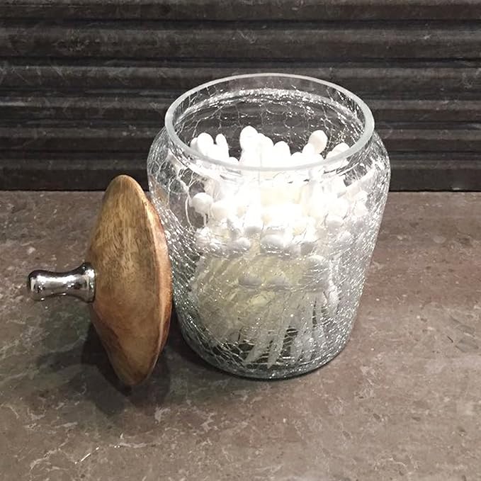Small Glass Canister with Wooden LID | Bathroom Vanity Glass Storage | Jars for Cotton Swabs, Rounds, Balls, Makeup Sponges,