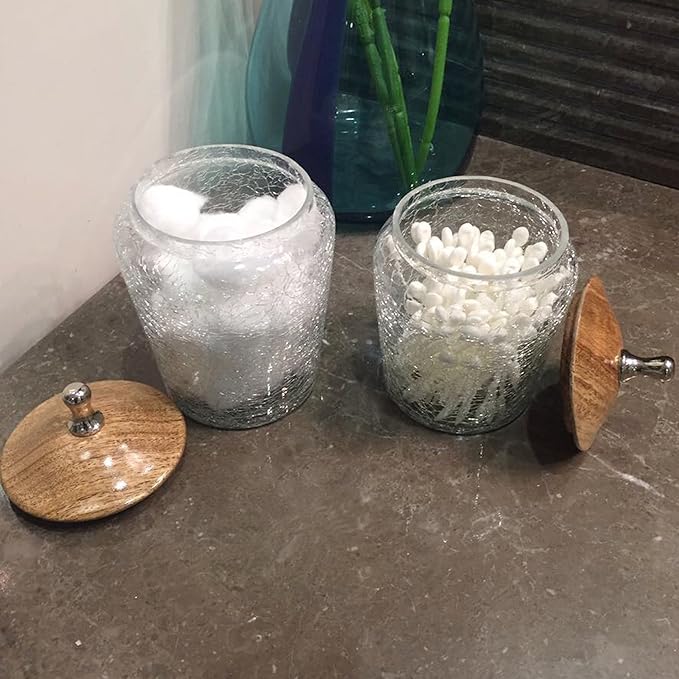 Small Glass Canister with Wooden LID | Bathroom Vanity Glass Storage | Jars for Cotton Swabs, Rounds, Balls, Makeup Sponges,