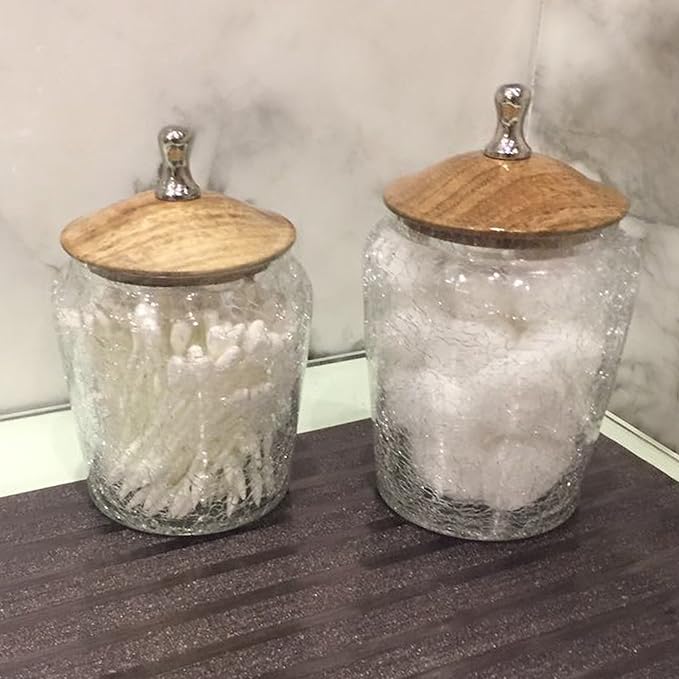 Small Glass Canister with Wooden LID | Bathroom Vanity Glass Storage | Jars for Cotton Swabs, Rounds, Balls, Makeup Sponges,