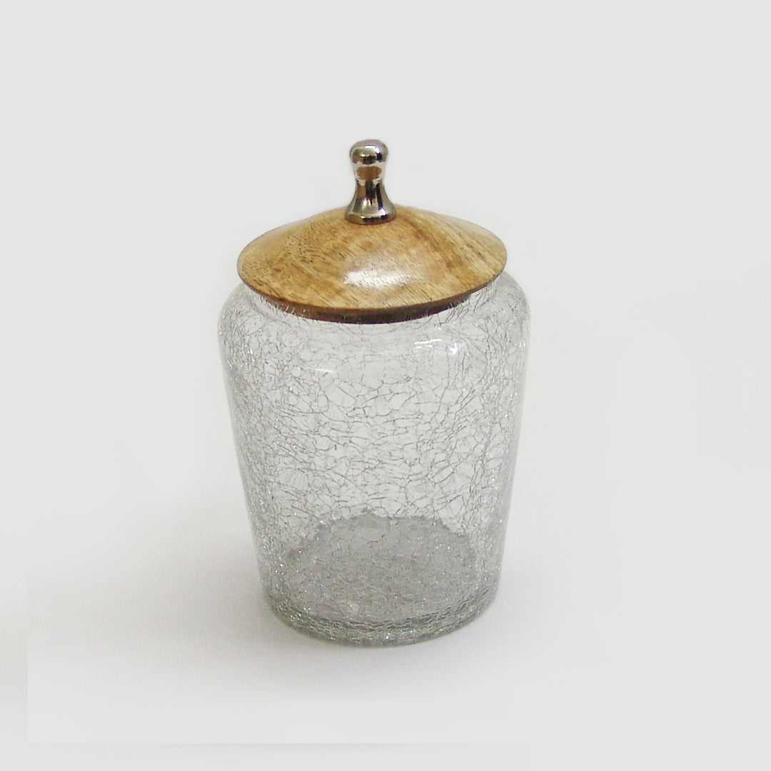 Small Glass Canister with Wooden LID | Bathroom Vanity Glass Storage | Jars for Cotton Swabs, Rounds, Balls, Makeup Sponges,