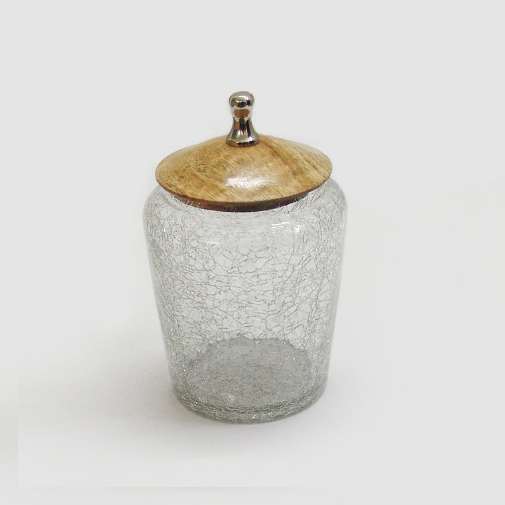 Small Glass Canister with Wooden LID | Bathroom Vanity Glass Storage | Jars for Cotton Swabs, Rounds, Balls, Makeup Sponges,