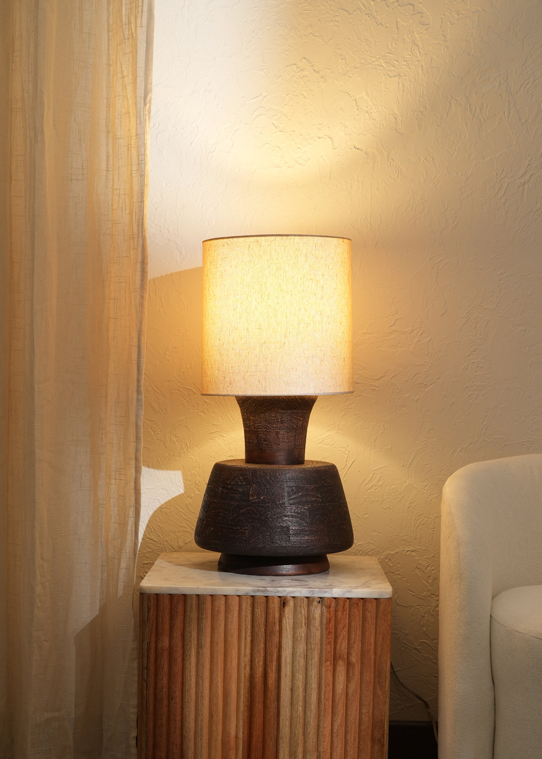 Table Lamp With Wooden Base With Beige Shade