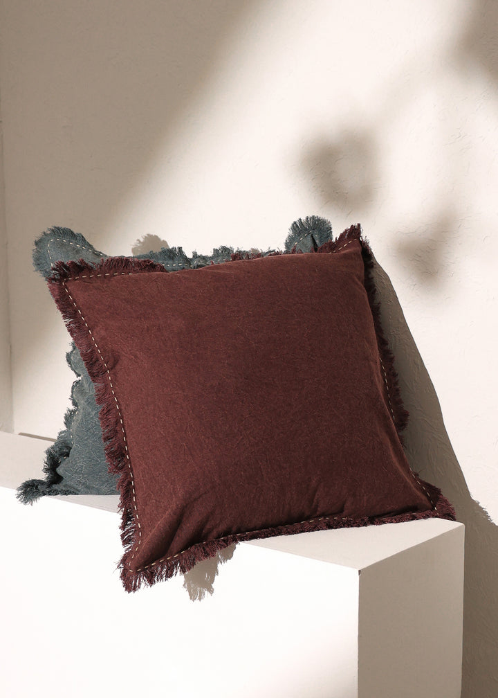 Stonewashed Linen Throw Pillow with Hand worked Edges & Fringe -22" x 22"