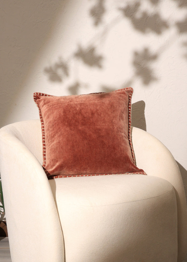 Stonewashed Cotton Velvet Throw Pillow with Decorative Handstitched Edges- 18" x 18"