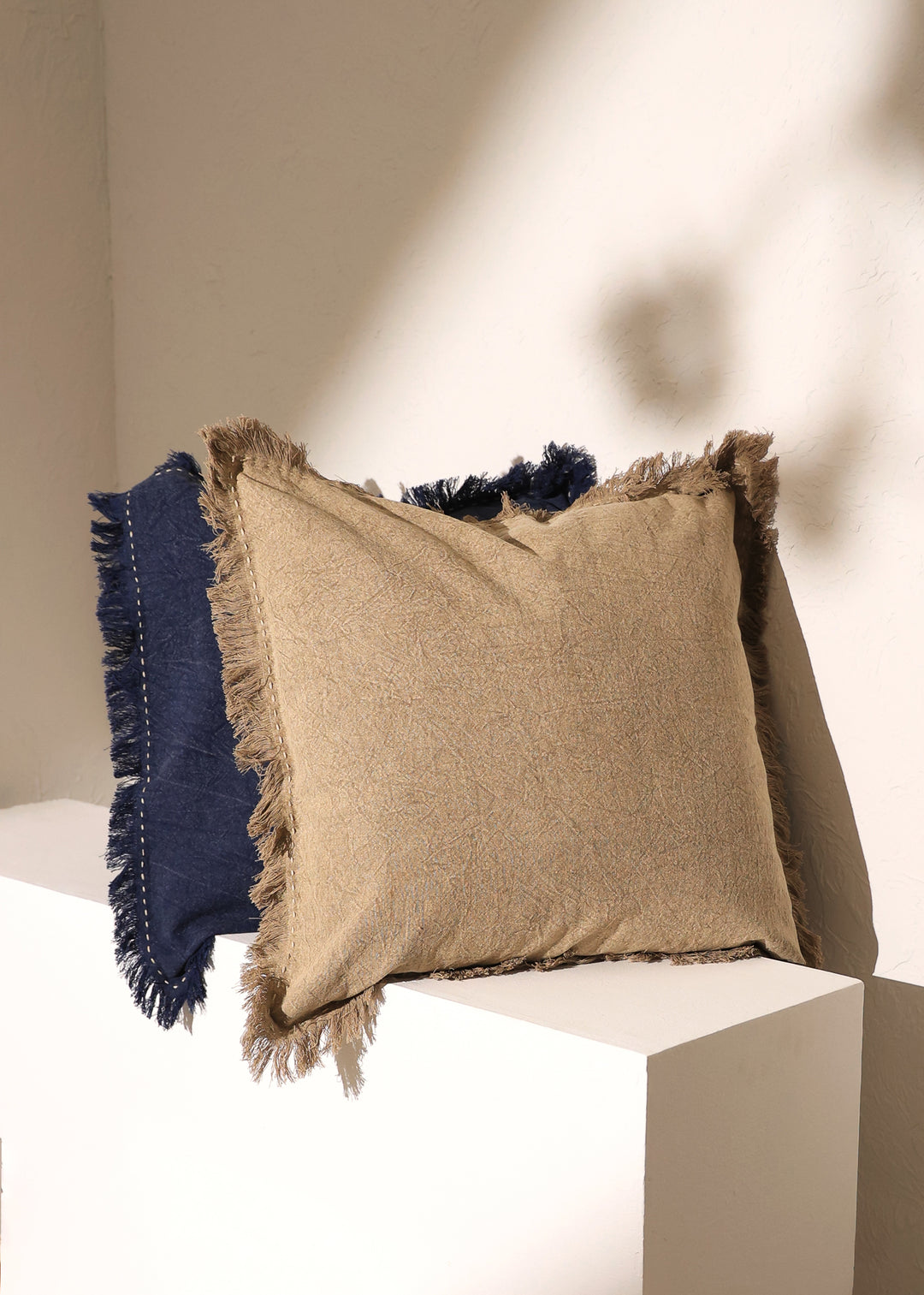 Stonewashed Linen Throw Pillow with Hand worked Edges & Fringe -22" x 22"