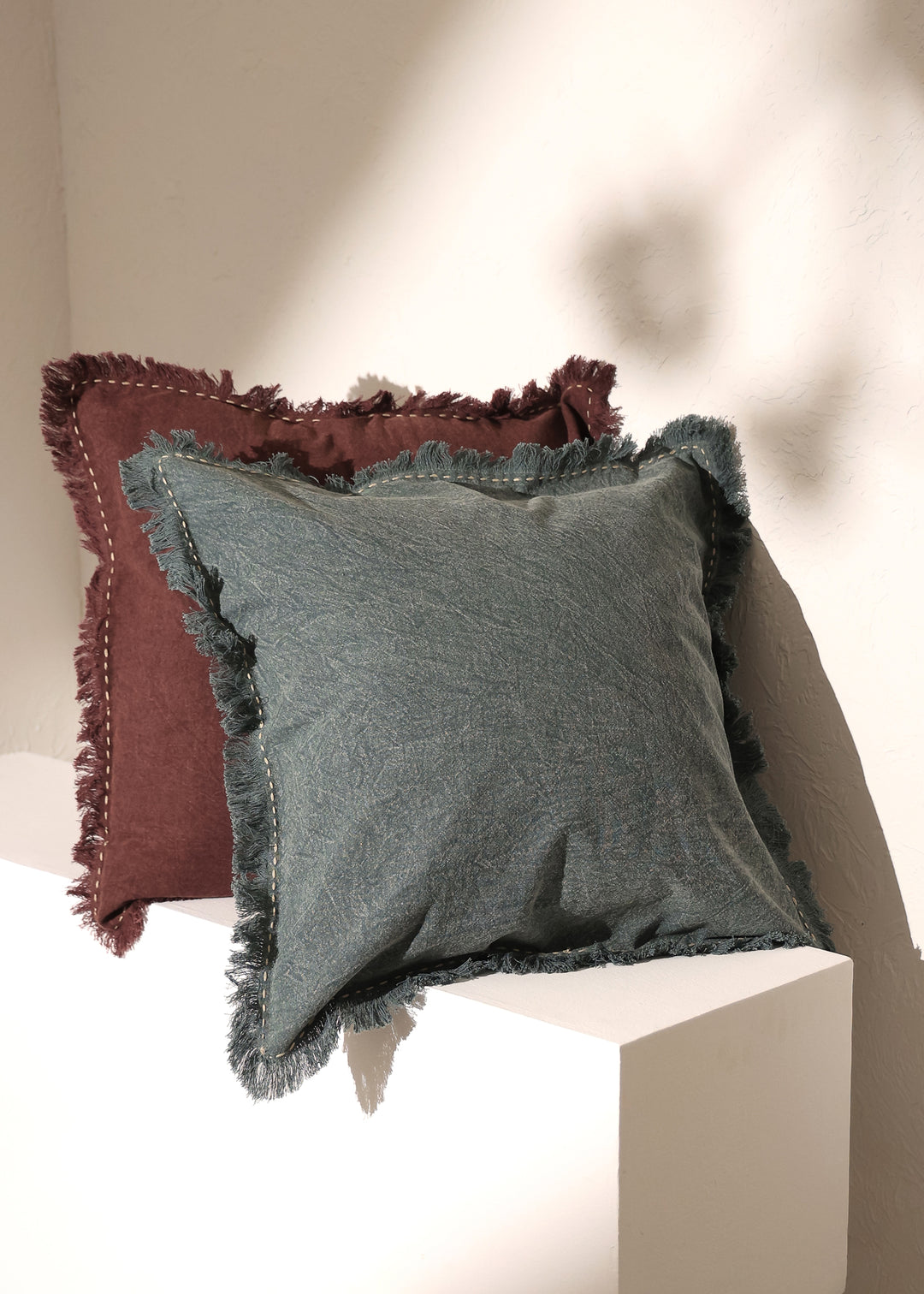 Stonewashed Linen Throw Pillow with Hand worked Edges & Fringe -22" x 22"