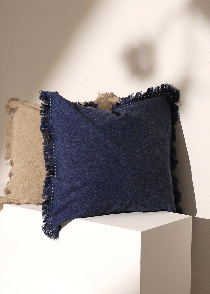 Stonewashed Linen Throw Pillow with Hand worked Edges & Fringe -22" x 22"