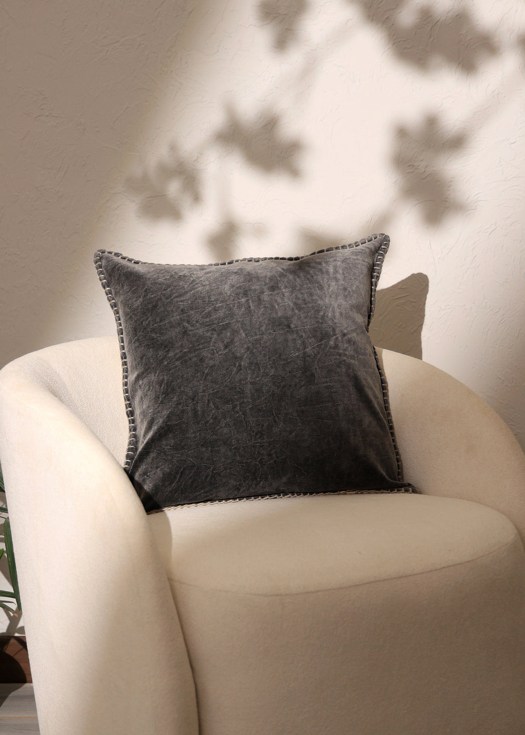 Stonewashed Cotton Velvet Throw Pillow with Decorative Handstitched Edges- 18" x 18"