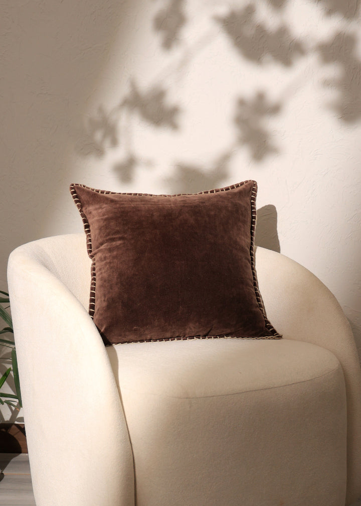 Stonewashed Cotton Velvet Throw Pillow with Decorative Handstitched Edges- 18" x 18"