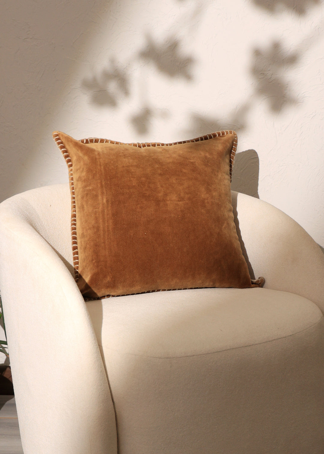 Stonewashed Cotton Velvet Throw Pillow with Decorative Handstitched Edges- 18" x 18"