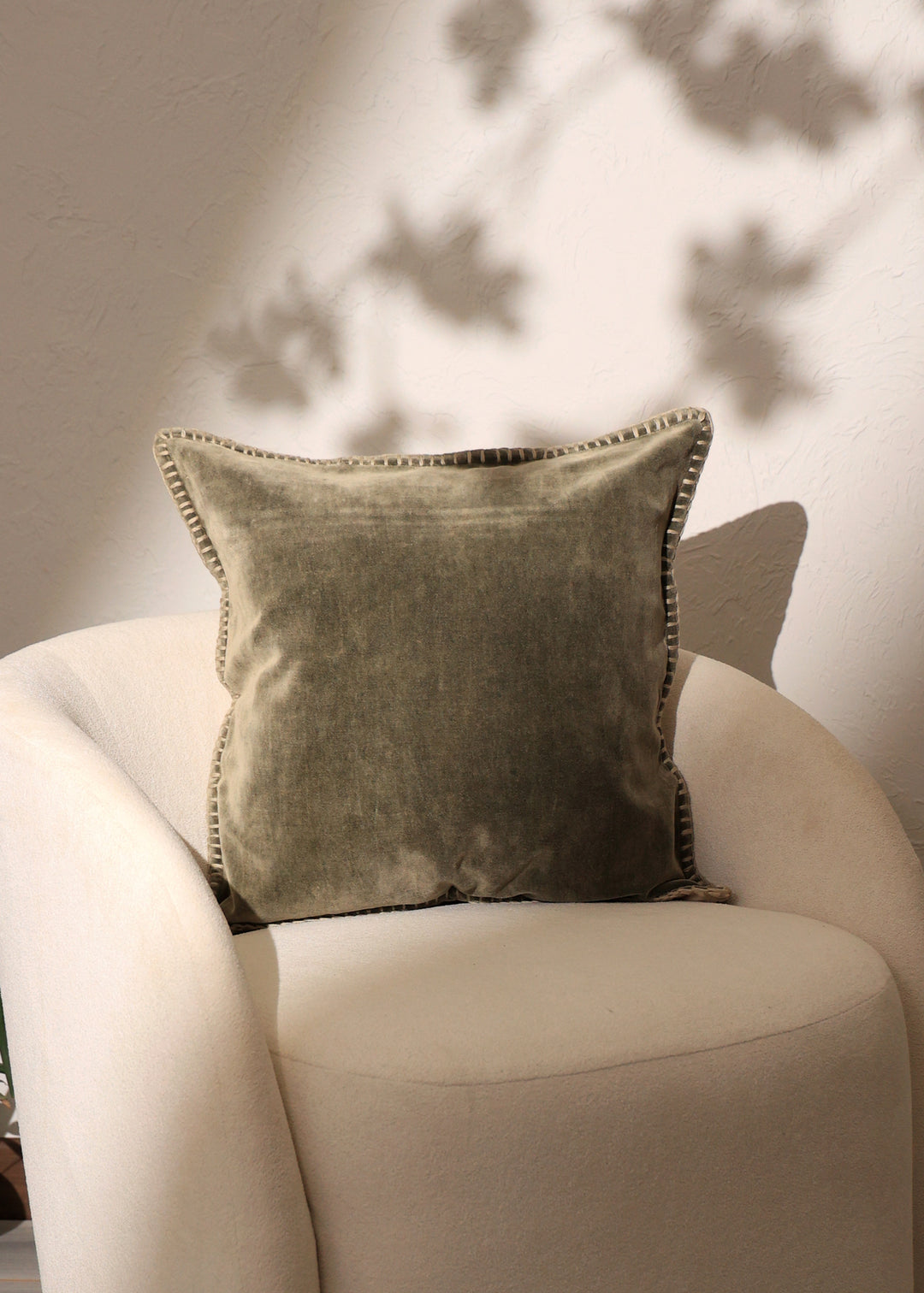 Stonewashed Cotton Velvet Throw Pillow with Decorative Handstitched Edges- 18" x 18"