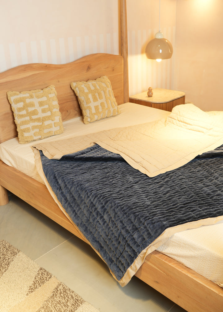Cotton Velvet Stonewashed Hand Quilted Bedspread with Flanges - 88" x 92"