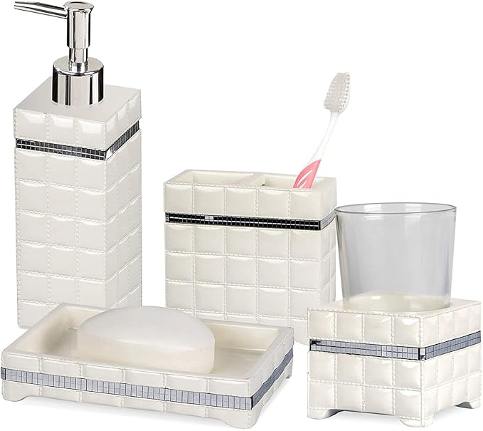 4 Pcs Resin Bath Accessory Set for Vanity Countertops Includes Soap Dish, Toothbrush Holder, Tumbler, Soap and Lotion Pump | White