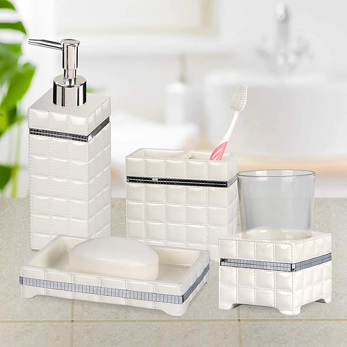 4 Pcs Resin Bath Accessory Set for Vanity Countertops Includes Soap Dish, Toothbrush Holder, Tumbler, Soap and Lotion Pump | White