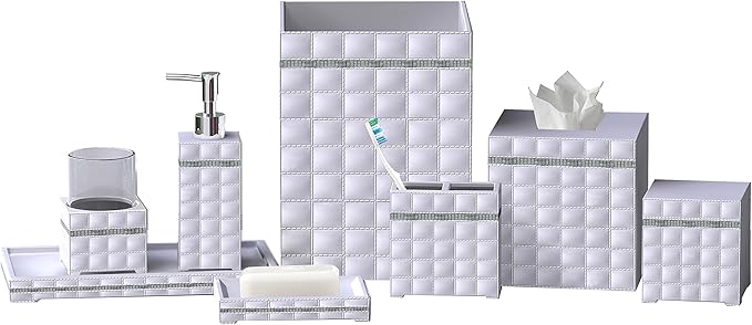 8 Pcs Resin Bath Accessory Set for Vanity Countertops  Includes Cotton Container, Dish,Toothbrush, Tumbler,Soap Lotion,Waste Basket,Tissue Box Holder,Tray | White