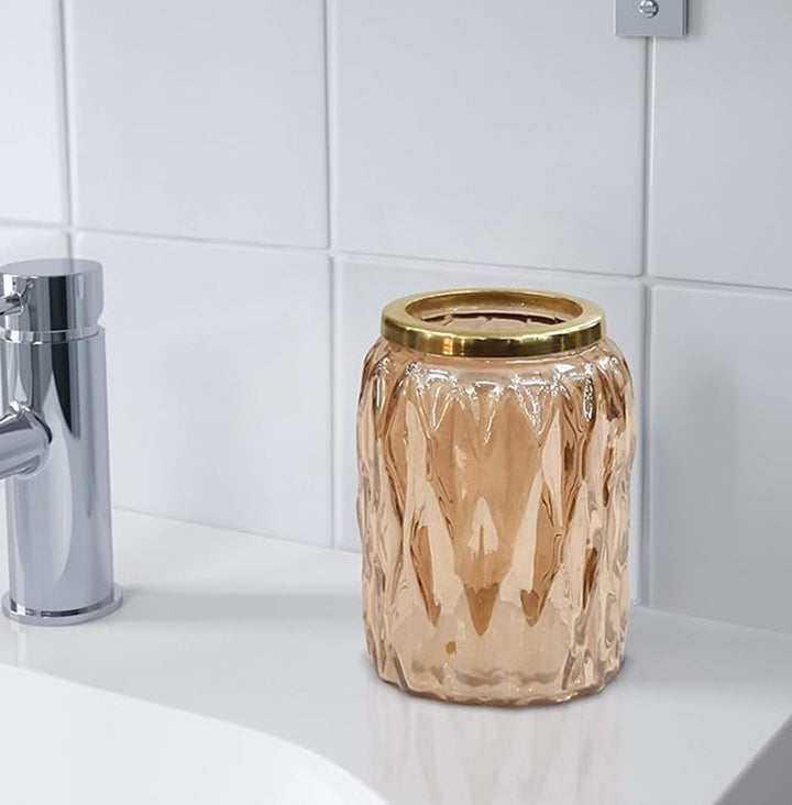 Glacier Glass Bathroom Tumbler Cup | Decorative Rinse Cup,Drinking Glass,Toothbrush & Makeup Brush Holder for Vanity Countertops,Sink & Desk | Amber/Glass