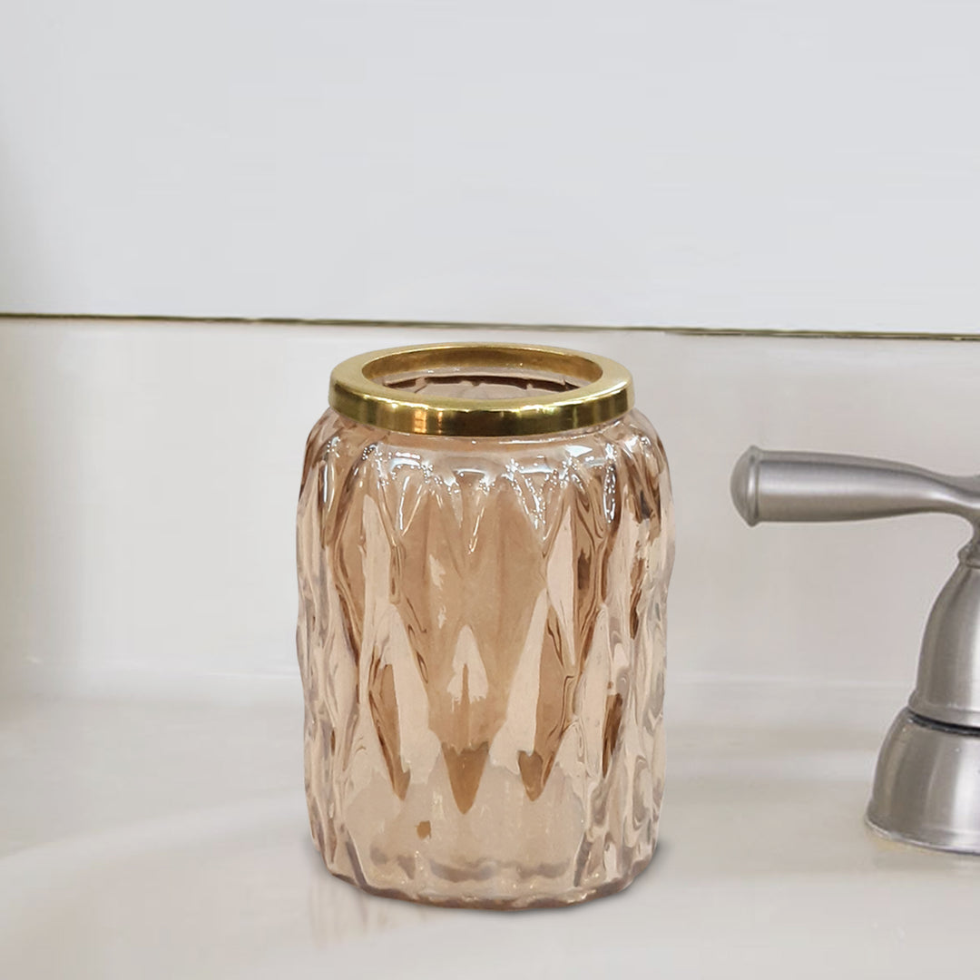 Glacier Glass Bathroom Tumbler Cup | Decorative Rinse Cup,Drinking Glass,Toothbrush & Makeup Brush Holder for Vanity Countertops,Sink & Desk | Amber/Glass
