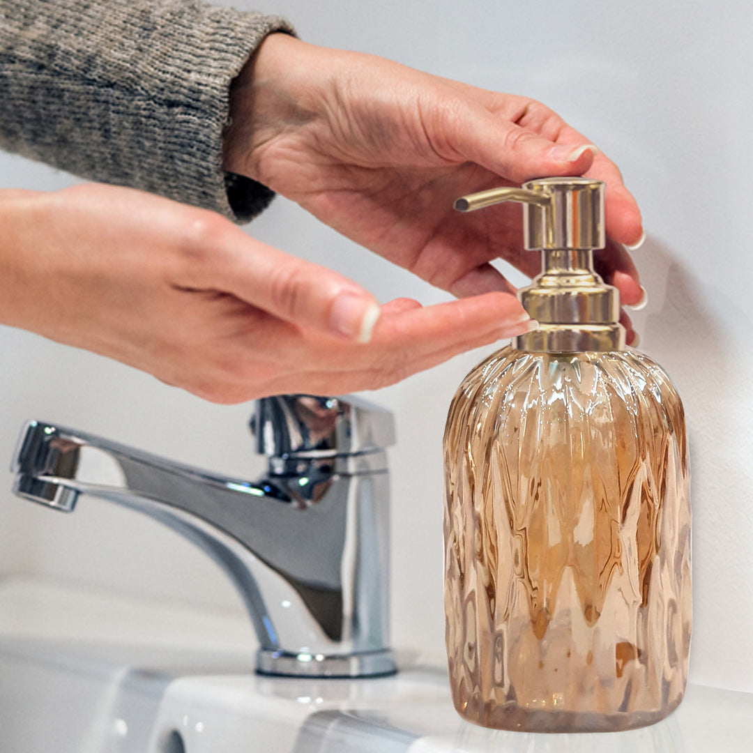 Glass Liquid Soap Dispenser Pump Bottle | Bathroom Vanity & Kitchen Sink,Holds Soap,Lotion & Sanitizer | Amber