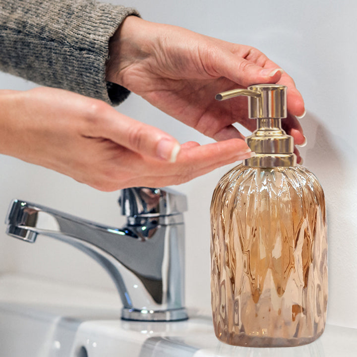Glass Liquid Soap Dispenser Pump Bottle | Bathroom Vanity & Kitchen Sink,Holds Soap,Lotion & Sanitizer | Amber