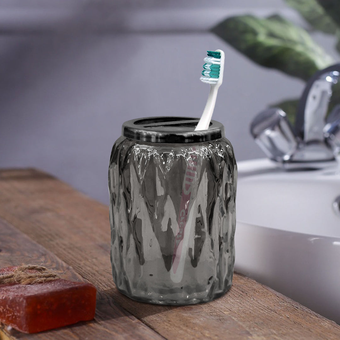 Glacier Glass Bathroom Tumbler Cup | Decorative Rinse Cup,Drinking Glass,Toothbrush & Makeup Brush Holder for Vanity Countertops,Sink & Desk | Smoke/Glass