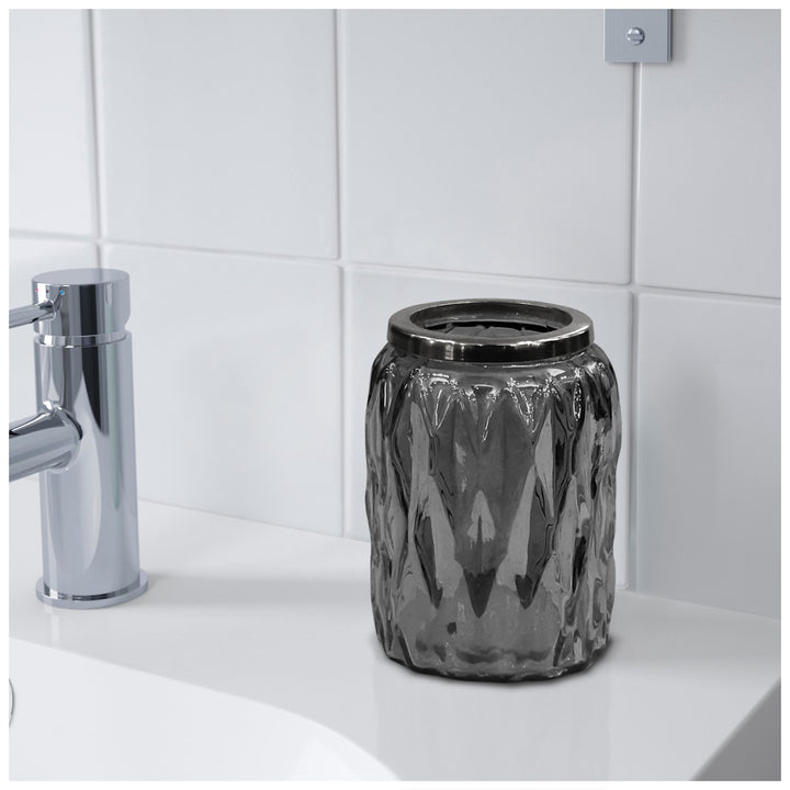Glacier Glass Bathroom Tumbler Cup | Decorative Rinse Cup,Drinking Glass,Toothbrush & Makeup Brush Holder for Vanity Countertops,Sink & Desk | Smoke/Glass