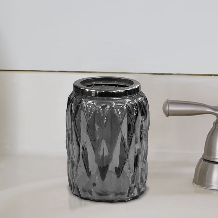 Glacier Glass Bathroom Tumbler Cup | Decorative Rinse Cup,Drinking Glass,Toothbrush & Makeup Brush Holder for Vanity Countertops,Sink & Desk | Smoke/Glass
