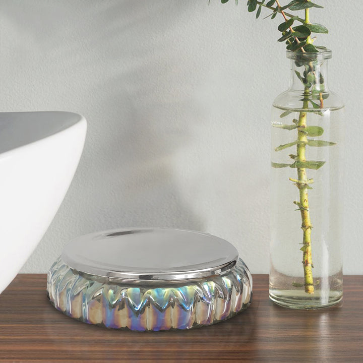 Glass Soap Dish for Bathroom Counter,Shower & Kitchen | Rainbow Lustre Finish.
